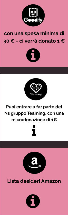 con una spesa minima di 30 € - ci verrà donato 1 €  Puoi entrare a far parte del Ns gruppo Teaming, con una microdonazione di 1€  Lista desideri Amazon